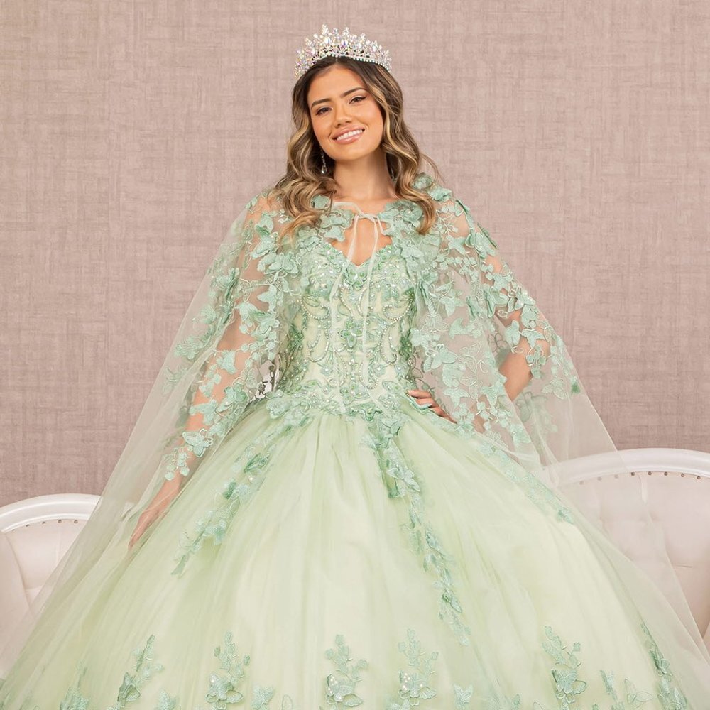 NEW LONG OFF SHOULDER SLEEVELESS EMBROIDERED GOWN WITH DETACHABLE CAPE GL3104